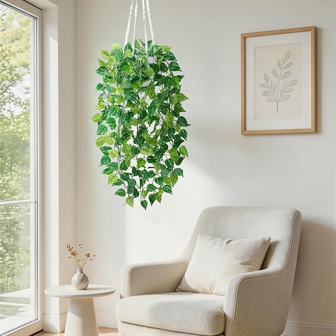 DREAMLOOM Fake Hanging Plants with Pot, Artificial Pothos Hanging Plants with Macrame Hanger for Indoor Decor, Fake Hanging Vines Faux Greenery for Home Kitchen Office