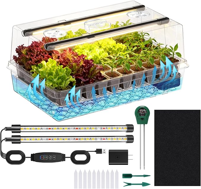 Adawook Self-Watering Seed Starter Tray with Grow Lights, 60 Cells Seed Starter Kit, Full Spectrum Grow Light for Seed Starting, Timing Set, Germination Tray Grow Kits with High Humidity Domes