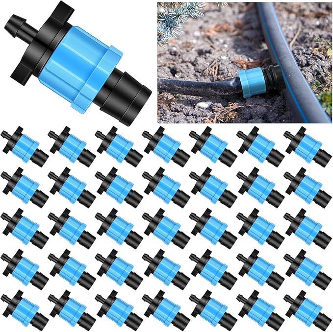 Frienda 50 Pcs Drip Irrigation Kit, 1/4" Barb for 5/8" Drip Tape, Twist Locks, Blue PP Plastic, Suitable for Gardens, Landscaping