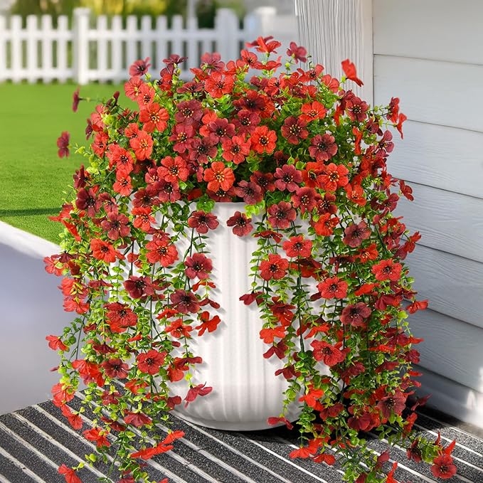 Artificial Hanging Flowers for Outdoors, 2 Pcs Fake Hanging Plant for Spring Decoration, UV Resistant No Fade Faux Silk Daisy Flower for Planter Porch Patio Yard Garden Outside Decor(Red Brown)