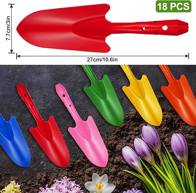 Mini Colorful Metal Hand Shovel Digging Trowel Set Transplanting Garden Shovel for Flower Soil Planting Succulent Kids Teens Women Men Gift Indoor Outdoor, 6 Colors (18 Pcs, 10.6 x 3 Inch)