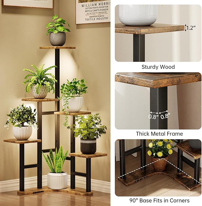 Yzosvki Corner Plant Stand Indoor with Grow Lights, 6 Tiered Corner Plant Shelf Flower Stand for Multiple Plants, Plant Shelves Organizer Rack for Living Room, Balcony, Patio, Square Rustic Brown