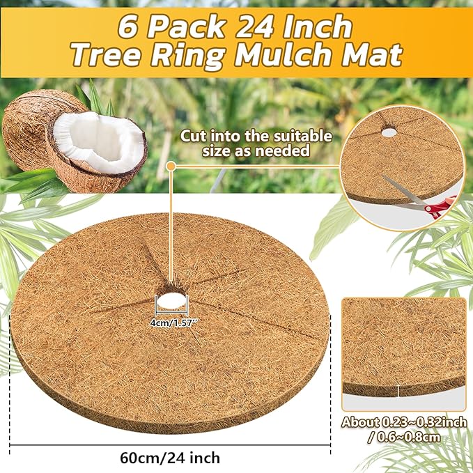 Legigo 6pcs Coconut Fiber Mulch Ring Tree Plant Protector Mat, 24 Inch Natural Coco Coir Tree Mulch Ring Plant Pot Soil Cover, Tree Rings Disc Plant Cover for Indoor Outdoor Plants,Landscaping