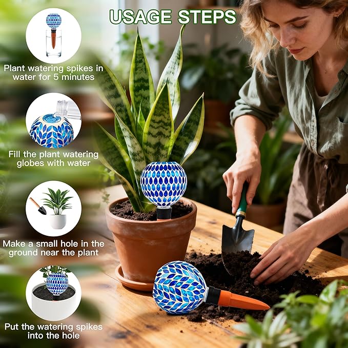 VOREEN Blue Mosaic Self Watering Globes 2 Pack, 500ml Handmade Glass Terracotta Plant Spikes, Automatic Self Watering Devices for Indoor Outdoor Pots, Decorative Water Saver Gift for Garden Lovers