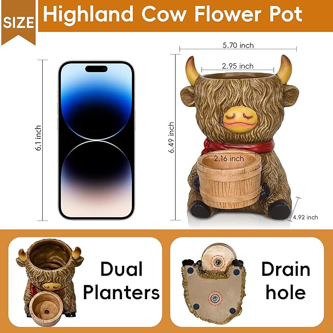 Cute Plant Pots Decor Gifts - Highland Cow Planter with Two Planters Animal Flower Pots with Drainage,Mini Succulent Pot for Home Desk Patio Decorations Outdoor Indoor Plants Pot Gift for Plant Lovers