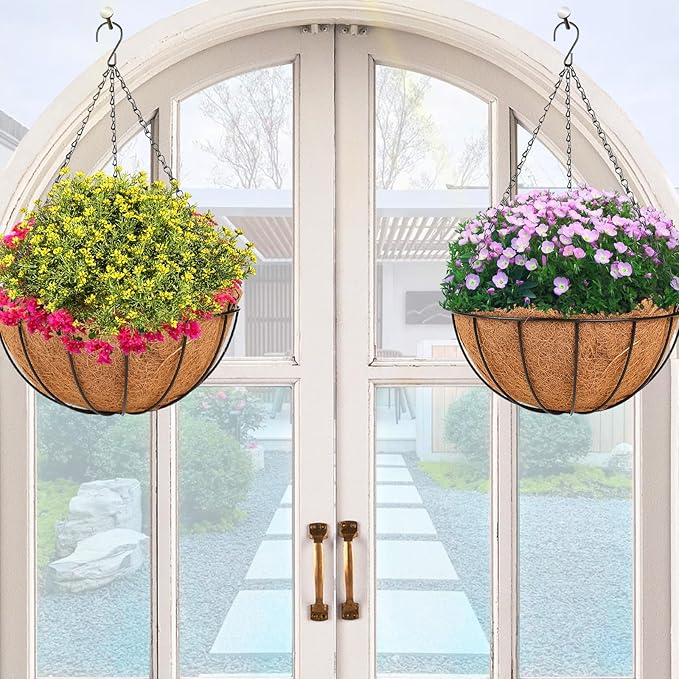 HKZ Hanging Basket Planter Plants Outdoor - 2 Pack 14 Inch Metal Hanging Planter with Coco Liners, Hanging Flower Pots with Chain Hook for Indoor Outdoor Garden Porch Decoration