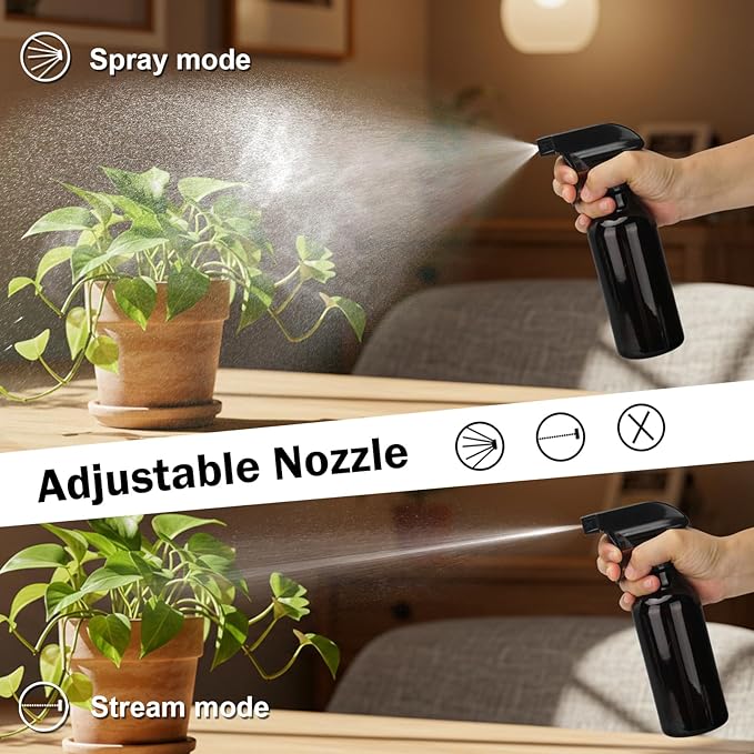 Glass Spray Bottles 12oz Empty Spray Bottle Mist/Stream Spraying Small Refillable Containers for Hair Care, Cleaning Solutions, Plants, Essential Oils 2 Pack (Brown, 12oz)