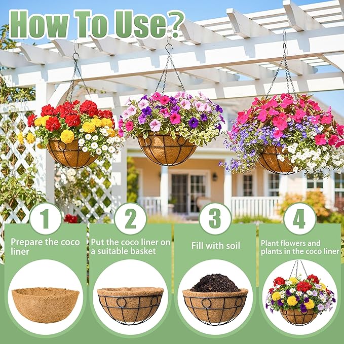 4 Pack 12 Inch Hanging Baskets for Plants Outdoor Metal Hanging Planters Round Hanging Flower Pots with Coco Coir Liner Plant Holder for Outdoor Patio Garden Balcony Decor - Circular