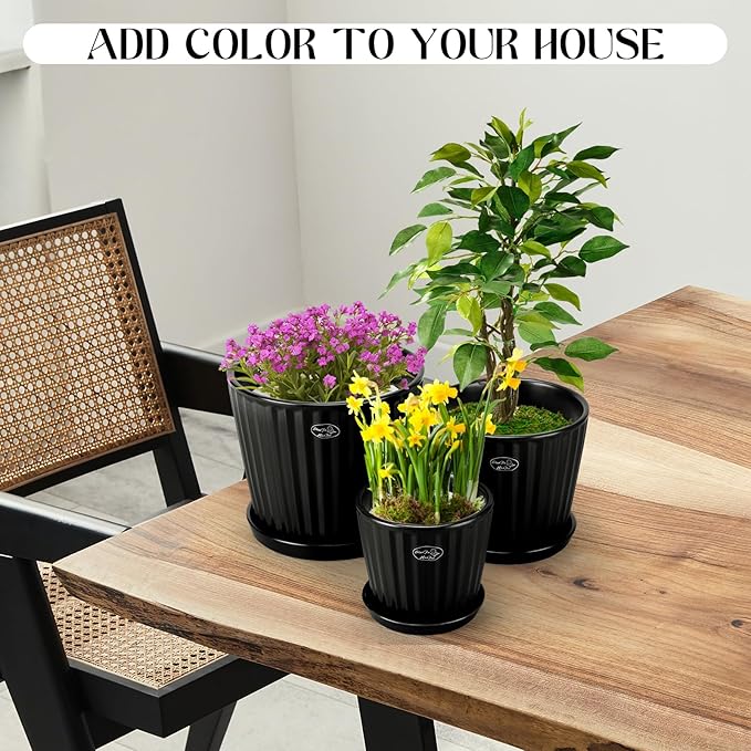 3 Pcs Ceramic Plant Pots 7.3/6/4.7 Inch Ceramic Flower Pot with Drainage Hole and Saucer Decorative Planter Indoor Outdoor for Gardening Home Desktop Office Windowsill Decoration Gift(Black)