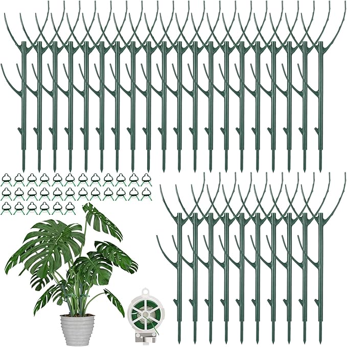 30-Pack Plant Support Stakes with 30Pcs Clips & 1Pc Ties, Stackable Garden Trellis Climbing Poles & Tall Plant Sticks for Indoor Outdoor Potted Plants