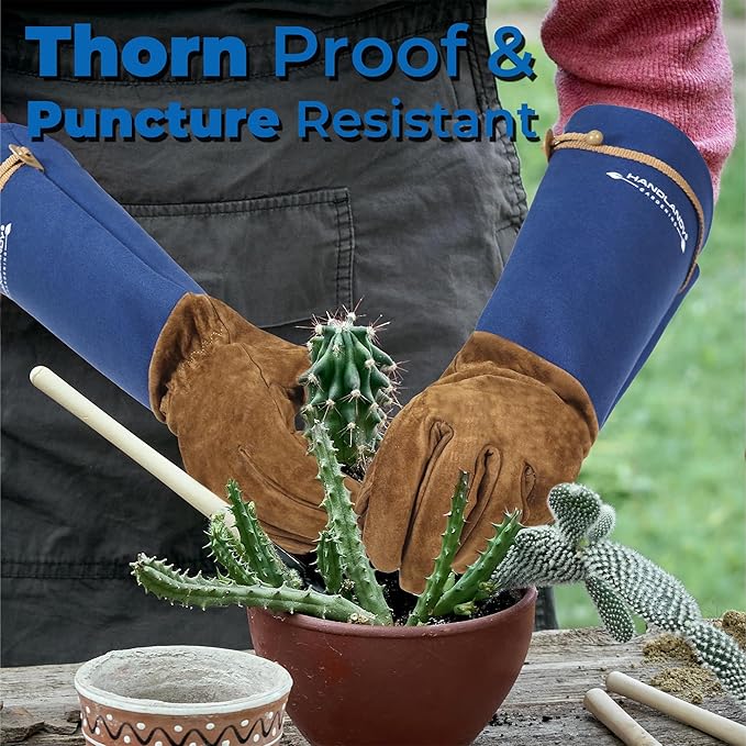HANDLANDY Long Gardening Gloves for Men & Women, Pigskin Leather Rose Pruning Gloves, Breathable Thorn Proof Gauntlet Glove (Blue, XL)