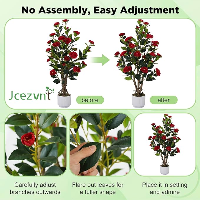 2 Pack Artificial Camellia Tree with White Pot, 38" Faux Potted Plants for Indoor Outdoor Decor, Tall Silk Greenery Plant for Home Offce Living Room Balcony,White, Red