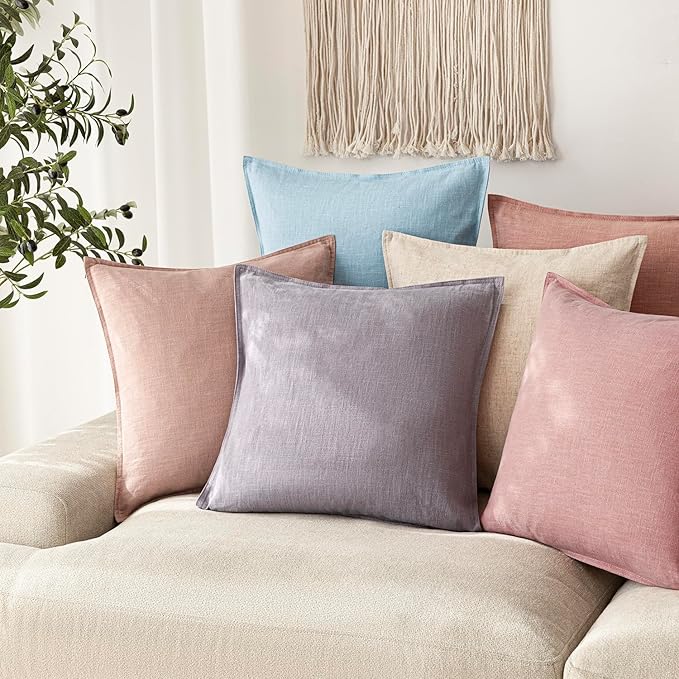 Foindtower Pack of 2, Decorative Linen Soild Throw Pillow Covers Soft Accent Euro Cushion Case Boho Farmhouse Neutral Pillowcase for Couch Sofa Bedroom Living Room Home Decor 18 x 18 Inch Light Purple