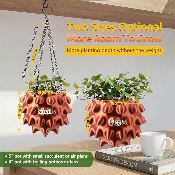 Enhon 7 Inch Hanging Planters for Indoor Plants, Unique Hanging Pots for Plants with Drainage and Hanger Baskets Hangers, Spiked Orb Plant Hanger, Silky Copper Finish