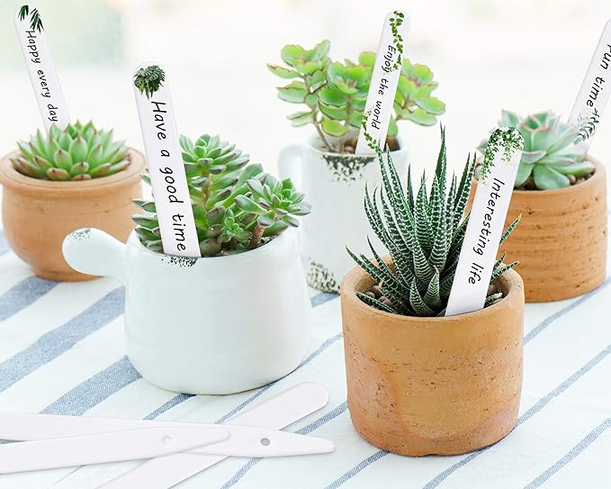 Whaline 200Pcs Thick Plastic Plant Labels with Hole White Garden Stake Markers Waterproof Garden Tag Signs for Greenhouse Seedlings Flowers Spotted Plants with 2 Marker Pen and Twine (10 CM)