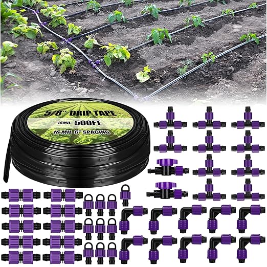 Tondiamo 500' 5/8 Inch Drip Tape Irrigation Tubing Kit 16 Mil 6" Spacing Garden Hose Watering Tube Line Automatic Equipment for Garden Irrigation System Farms, Landscape, Lawn