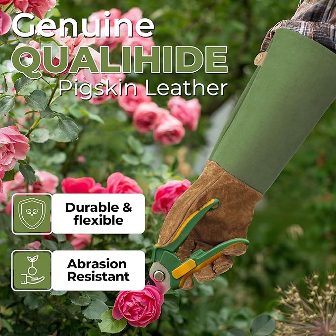 HANDLANDY Long Gardening Gloves for Men & Women, Pigskin Leather Rose Pruning Gloves, Breathable Thorn Proof Gauntlet Glove (Moss Green, L)