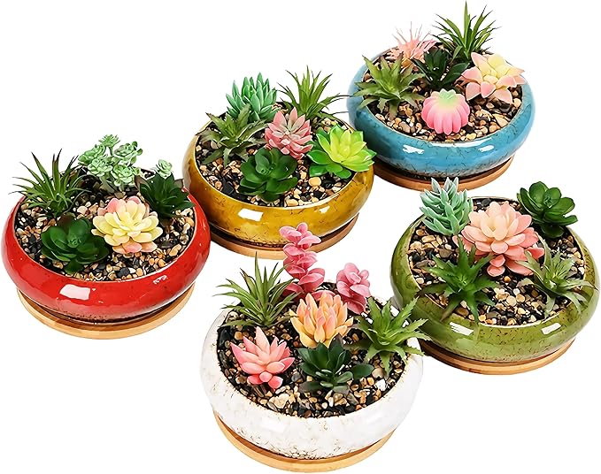 Cute Circular Ceramic Home Garden Decoration Succulent Cactus Flower Pots Container with Bamboo Tray -Plant Not Included (Red, 7.3 Inch)