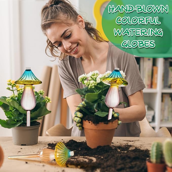 Plant Watering Globes, Rainbow Gradient Color Mushroom Plant Watering Devices, Self Watering Globes,Self Watering Planter Insert - Watering Bulbs for Indoor Plants for Travel Vacation (2 PCS)