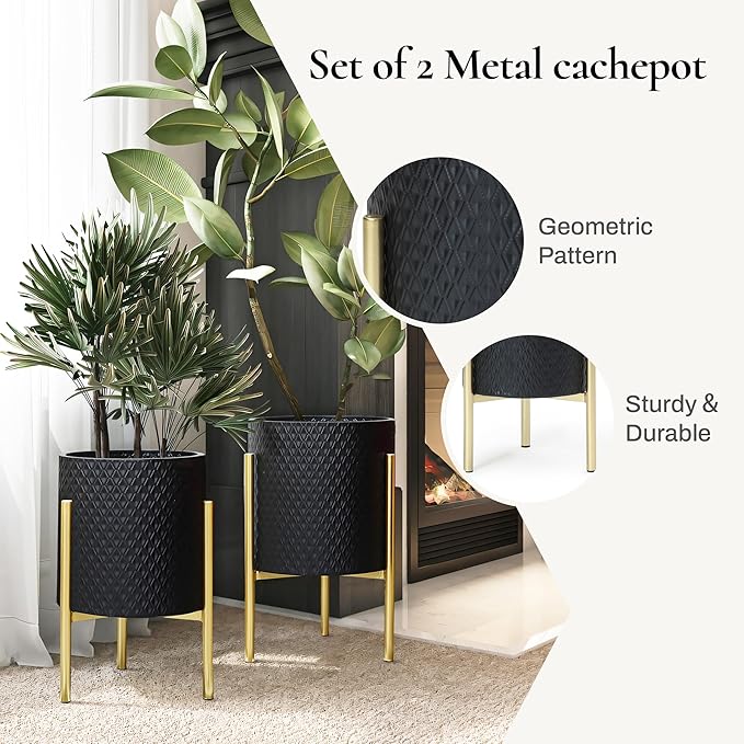 LuxenHome 2-Piece Diamond Pattern Round Metal Cachepot Planter Set, Black Planter with Gold Stands Set of 2 Indoor Plant Pots Large Floor Plant Pot for Plants, NOT Waterproof