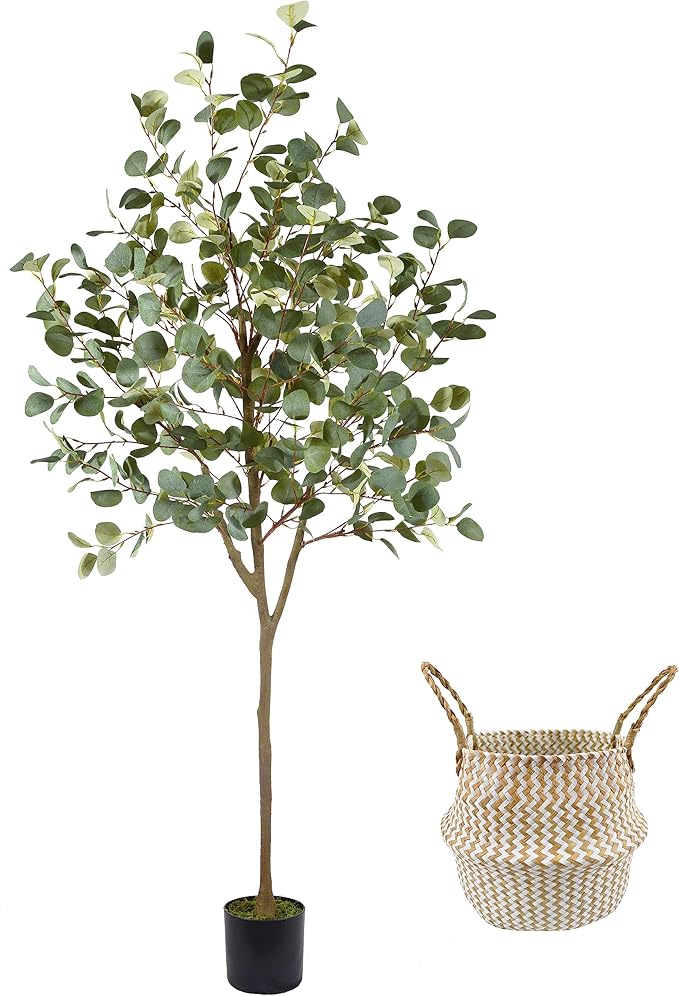Warmplants Artificial Eucalyptus Tree, 6ft Tall Fake Eucalyptus Plant with Basket, Green Silver Dollars Silk Leaves Faux Tree for Home Office Livingroom Floor Decor Indoor