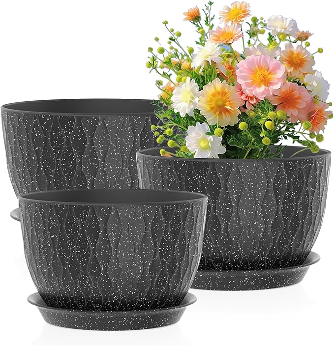 Meowell 12/10/9 inch Large Flower Pots, 3 Set Big Plant Pots for Outdoor Indoor Plants with Water Ripples, Wide Plastic Planters with Drainage Holes and Saucers for Garden House Plants, Speckled Black