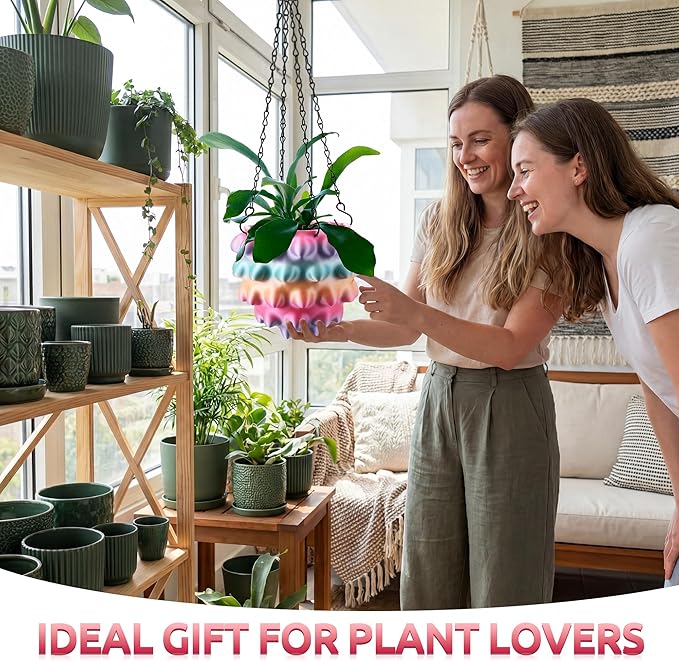 Enhon 7 Inch Hanging Planters for Indoor Plants, Unique Hanging Pots for Plants with Drainage and Hanger Baskets Hangers, Spiked Orb Plant Hanger, Silky Rainbow Finish