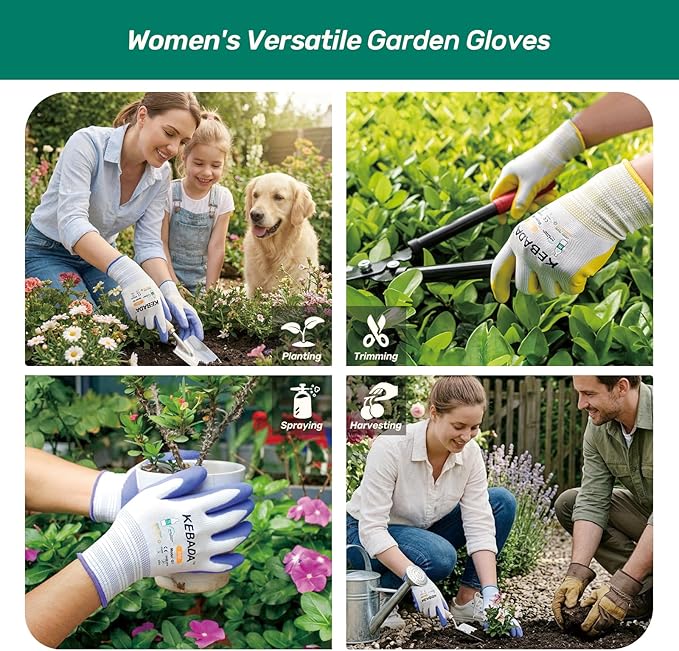 Kebada Gardening Gloves for Women, 2 Pairs Latex Coated Yard Gloves, Micro-Foam Textured Coating on Palm & Fingers, Breathable Womens Work Gloves, High Visibility, Medium, Lilac & Yellow