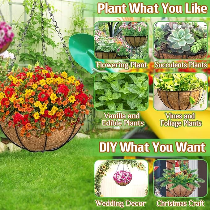 ZeeDix 3 Pack 10 Inch Metal Hanging Baskets, Round Wire Hanging Planters with Coconut Liners Replacement for Plants Flowers Outdoor Outside Deck Porch Garden Balcony Decoration
