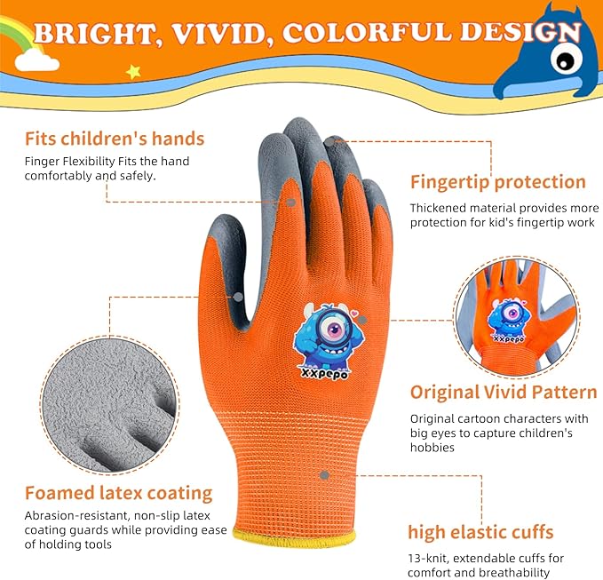 3 Pairs Kids Gardening Gloves. Children Rubber Coated Garden Gloves, Kids & Toddler Outdoor Work Gloves For Age 3-12.