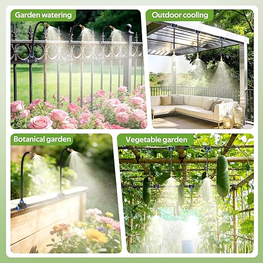 HIRALIY 360° Adjustable Drip Irrigation System 33FT, 1/4" Tubing with 5 Adjustable Copper Nozzles, Automatic Atomizing Watering Kit for Garden, Yard, Lawn, Greenhouse & Potted Plants