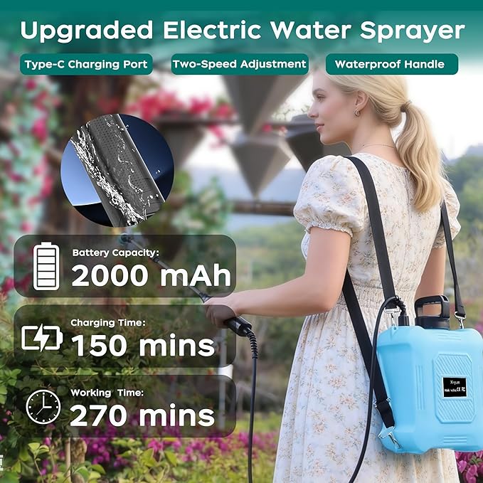 Battery Powered Sprayer 2 Gallon Garden Sprayer, Advance Electric Sprayer with 2 Adjustable Speed, 6 Mist Nozzles, USB Rechargeable with for Yard Lawn Garden (2 Gallon)