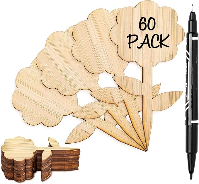 Whaline 60 Pcs Flower-Type Wood Plant Labels with 1 Marker Pen Wooden Plant Sign Tag Garden Marker Decorative Garden Tags for Seed Potted Herbs Flowers Vegetables, 2 x 3.9 Inch