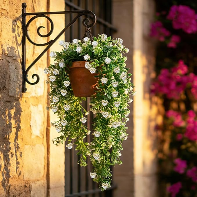 RECUTMS 2Pcs Artificial Hanging Flowers for Outdoor Decoration Fake Hanging Plants Faux White Flowers Artificial UV Resistant Plastic Greenery Vines Ivy for Outdoor Indoor Garden Party Decor（White）