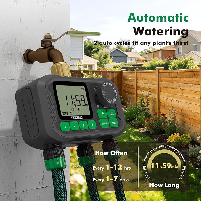 RESTMO Sprinkler Timer for Outdoor Hose Faucet 4 Zone, Up to 11h59m Programmable Watering Timer for Soaker Hose, Misting with Brass Inlet & Large Dial, Rain Delay/Manual/Automatic Irrigation System