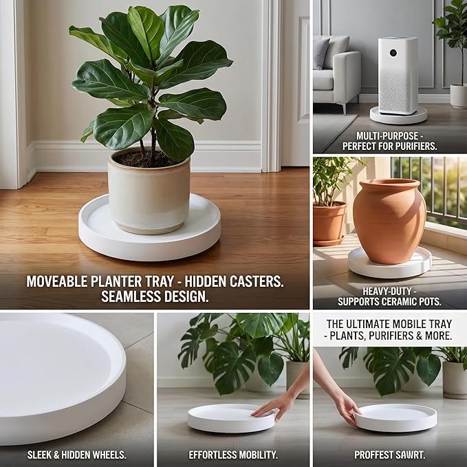 8.9 Inch Plant Caddy with Hidden Wheels 2-Pack, White Rolling Plant Stand for Succulents and Indoor Plants, Mobile Tray to Protect Floors(8.9inch)