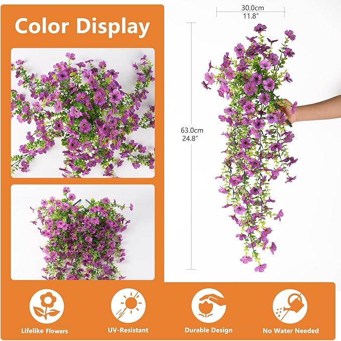 Hommyea Artificial Hanging Flowers for Outdoors, 2 Pcs Fake Hanging Plants Spring Summer Decor, UV Resistant No Fade Faux Silk Daisy Flower for Planter Front Door Porch Patio Yard Garden(Purple)