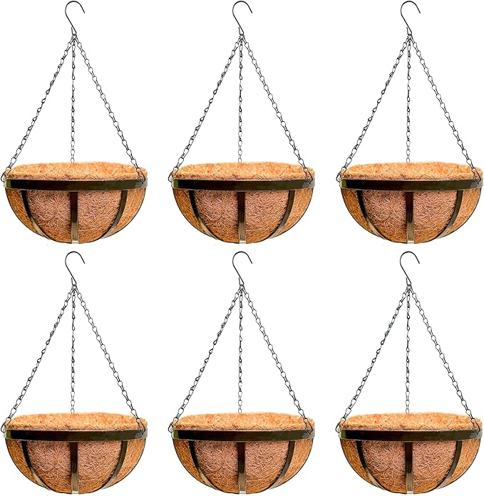 LaLaGreen Outdoor Hanging Baskets for Plants (14 Inch, 6 Pack) Large Black Hanging Planters with Coco Liner, Flat Iron Round Plant Metal Flower Pots for Deck Patio Porch Garden Balcony Outside Decor