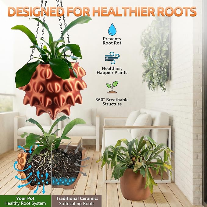 Enhon 6 Inch Hanging Planters for Indoor Plants, Unique Hanging Pots for Plants with Drainage and Hanger Baskets Hangers, Spiked Orb Plant Hanger, Silky Copper Finish