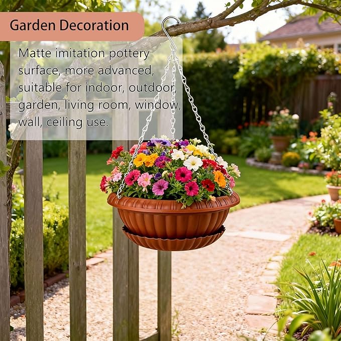 summer flower 3 Pack Large Hanging Planters 12.59in Plastic Plant Pots with Drainage Holes & Trays for Indoor Outdoor Garden Wall Window Decor (Red)