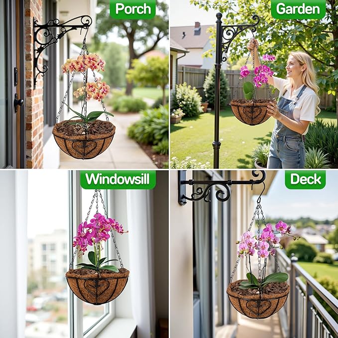 QCQHDU 3 Pack 8 inch Metal Hanging Orchid Baskets for Plants Outdoor, Hanging Orchid Planter Basket with Coco Liners, Orchid Pots with Holes for Garden, Patio, Deck, Porch Plants(Love)