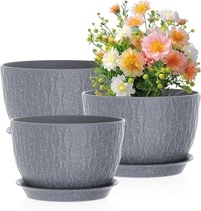 Meowell Large Flower Pots 12/10/9 inch, 3 Set Big Plant Pots for Outdoor Indoor Plants with Water Ripples, Wide Plastic Planters with Drainage Holes and Saucers for Garden House Plants, Speckled Grey