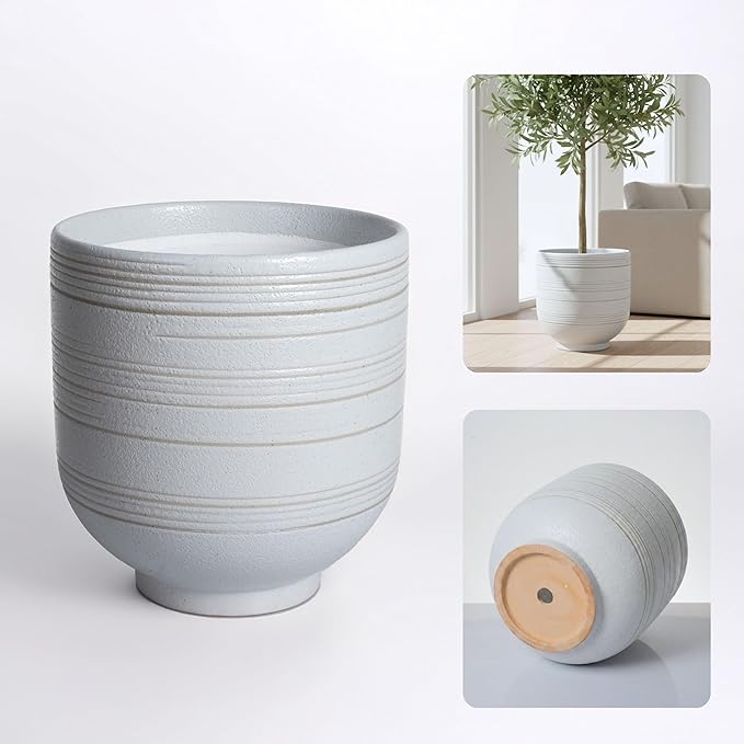 HERDUK Large White Ceramic Planter for Indoor Trees, Modern Indoor Floor Planter Pot for Olive Trees & Faux Olive Trees, Pottery Planter with Drainage for Real Plants