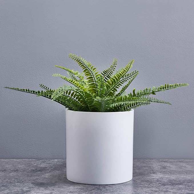 FaithLand 8 Inch Fiberstone Planter - Lightweight Modern Cylinder Plant Pot with Drainage Hole & Plug, Indoor Outdoor Use, Matte White