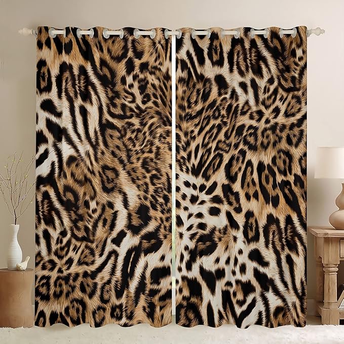 Feelyou Leopard Print Curtains Cheetah Print Window Drapes Kids Room Decor Boys Girls Wild Animal Print Window Treatments Leopard Fur Window Curtains Bedroom Living Room 38W X 54L,2 Panels