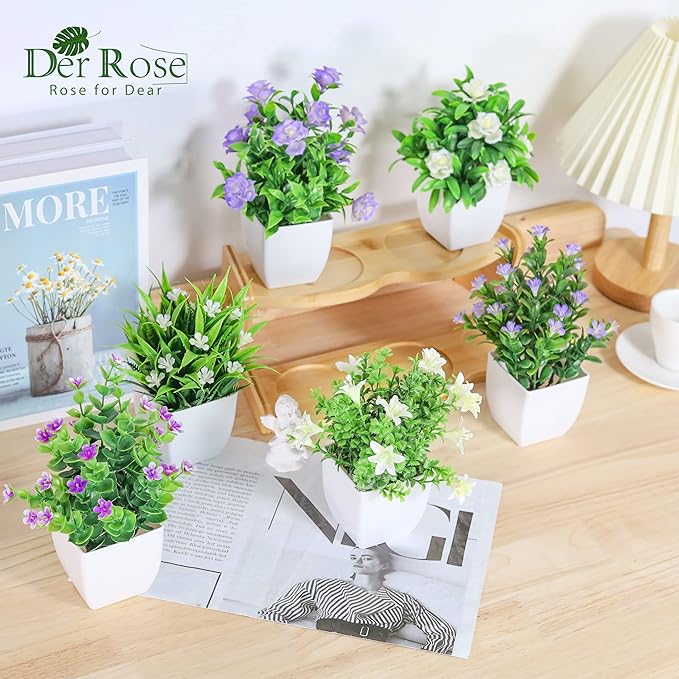 Der Rose 6 Pack Small Fake Plants Mini Artificial Faux Plants with Flowers for Home Room Farmhouse Bathroom Decor Indoor