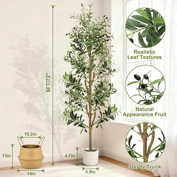 TNELTUEB Faux Olive Tree 6FT - Indoor Tall Artificial Olive Trees with Planter & Basket and Lights, Artificial Plants with Natural Wood Trunk and Realistic Fruits for Home Living Room Office Decor