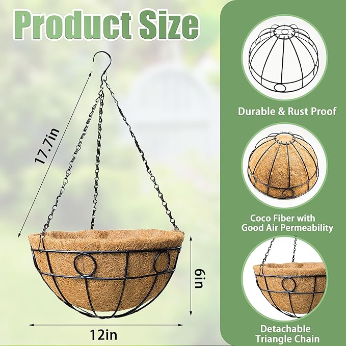 4 Pack 12 Inch Hanging Baskets for Plants Outdoor Metal Hanging Planters Round Hanging Flower Pots with Coco Coir Liner Plant Holder for Outdoor Patio Garden Balcony Decor - Circular