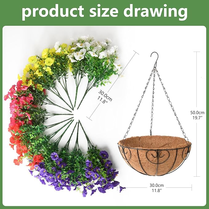 Homsunny Artificial Hanging Flowers Plants with Basket for Outdoors - Fake Petunias Flowers Fake Silk Morning Glory Planter for Outside Porch Patio Balcony Garden Spring Summer Decor(Color Blending)