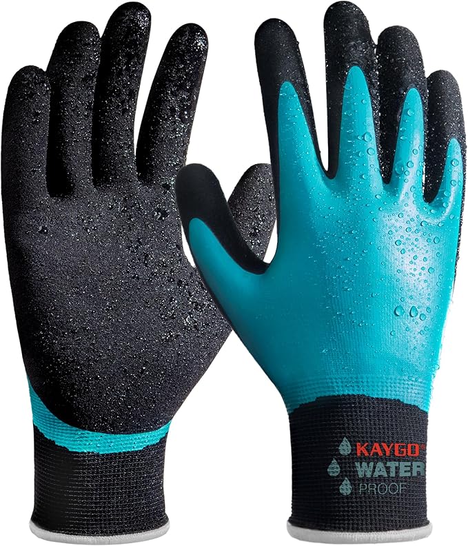 KAYGO Waterproof Work Gloves for Men and Women, Rubber Coated Non-slip Working Gloves for Garden, Outdoor Construction,KG150, Blue, XL